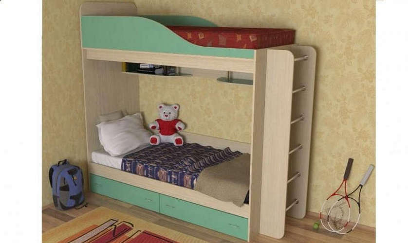 Детская двухъярусная кровать Дуэт, дуб молочный / зеленый, лестница хром