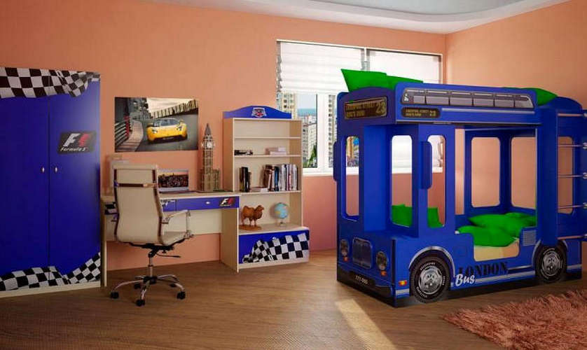 Модульная детская Фанки кровать Автобус Лондон + стол + шкаф + стеллаж