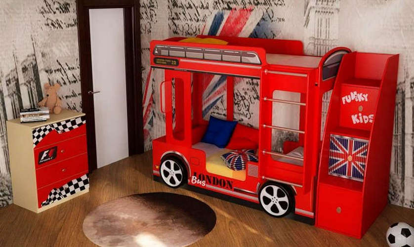 Модульная детская Фанки кровать Автобус Лондон + тумба-лестница + комод