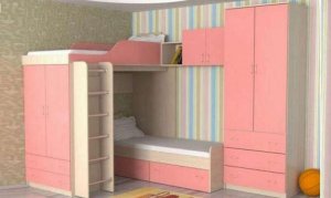 Детская кровать-чердак Дуэт-10 с антресолью + Шкаф 315 + Кровать 317, дуб молочный / розовый