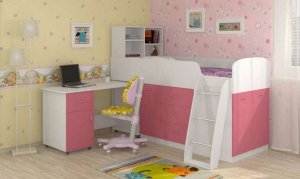 Детская кровать-чердак Дюймовочка-1, белый / розовый