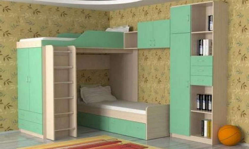 Детская кровать-чердак Дуэт-10 с антресолью+ Кровать 317, дуб молочный / зеленый