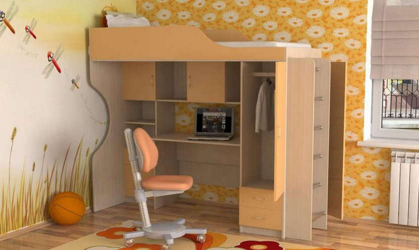Детская кровать-чердак Дуэт-11 (лестница с хромированными ступеньками) со столом, дуб молочный / оранжевый