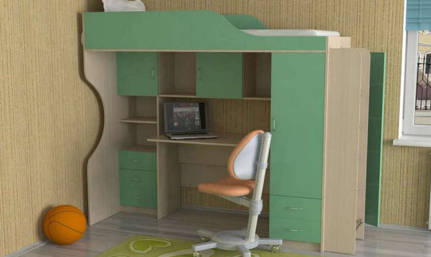 Детская кровать-чердак Дуэт-11 (лестница с хромированными ступеньками) со столом, дуб молочный / зеленый