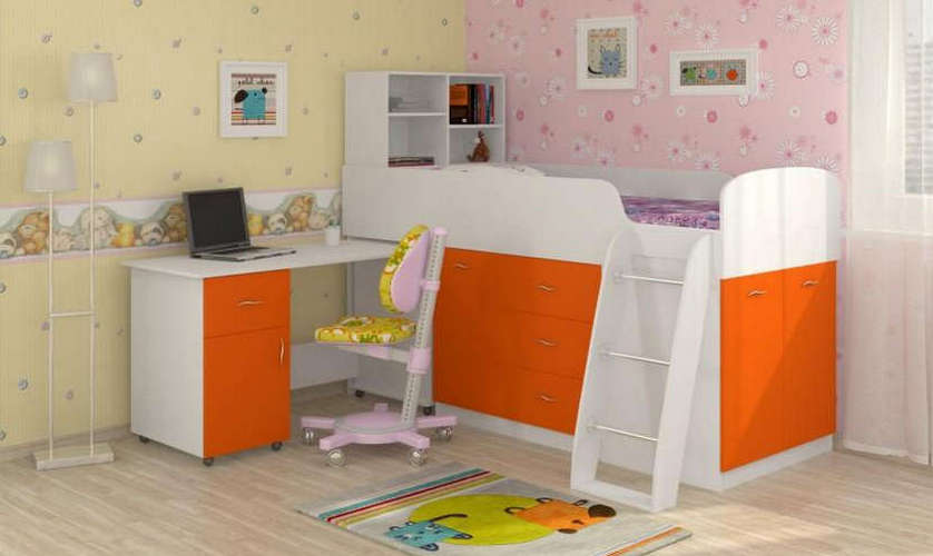 Детская кровать-чердак Дюймовочка-1, белый / оранжевый