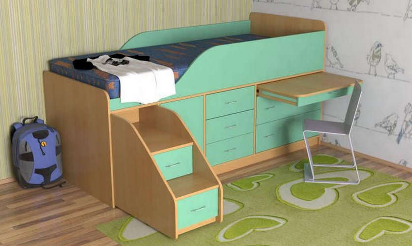 Детская кровать-чердак Кузя-4 с выдвинутой лестницей, бук / зеленый