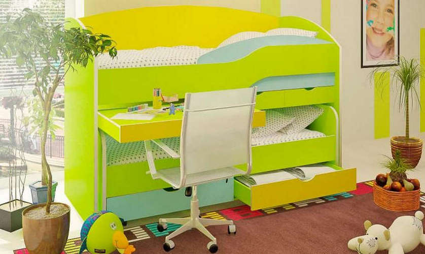 Двухъярусная кровать Бамбини-8 (bambini-8), Зеленый бархат / солнечный желтый / голубой горизонт