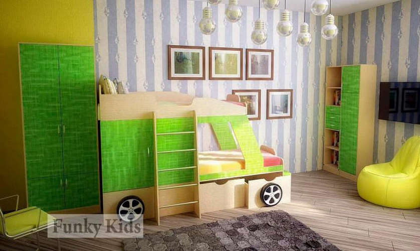 Funky Kids SV Jeep двухъярусная кровать (Фанки Кидз СВ Джип)  + стеллаж 13 / 9 + шкаф 13 / 2, дуб кремона / зеленый текстиль
