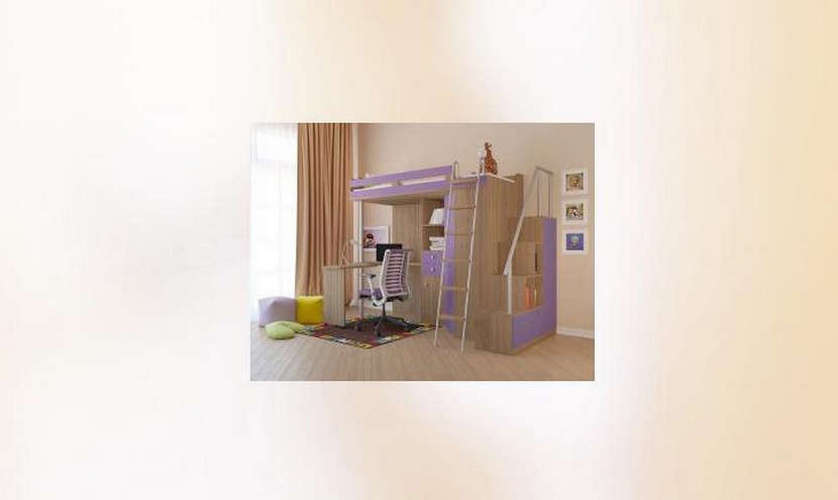 Кровать-чердак М85 + лестница-стеллаж, дуб шамони/фиолетовый