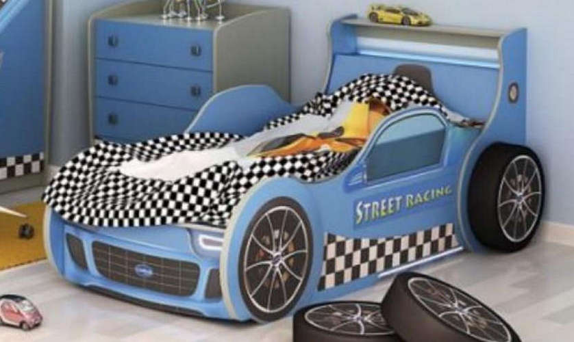 Кровать-машина Пит Стоп с объемными колесами (2 шт), синяя