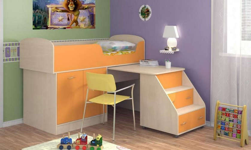 Детская кровать-чердак Дюймовочка-2, дуб молочный / оранжевый