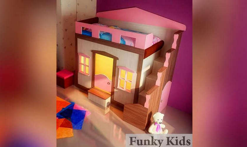 Детская кровать-чердак Фанки Хоум-1 (с окошками), дуб шамони / дуб кремона / розовый