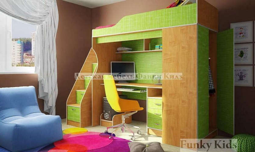 Детская кровать-чердак Funky Kids-11 Св (фанки Кидз-11 Св) + лестница 13/8 Св, ольха / зеленый текстиль