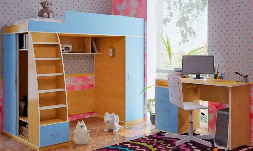 Кровать-чердак Бамбини-12 (bambini-12) со столом bsk, Вишня / голубой горизонт