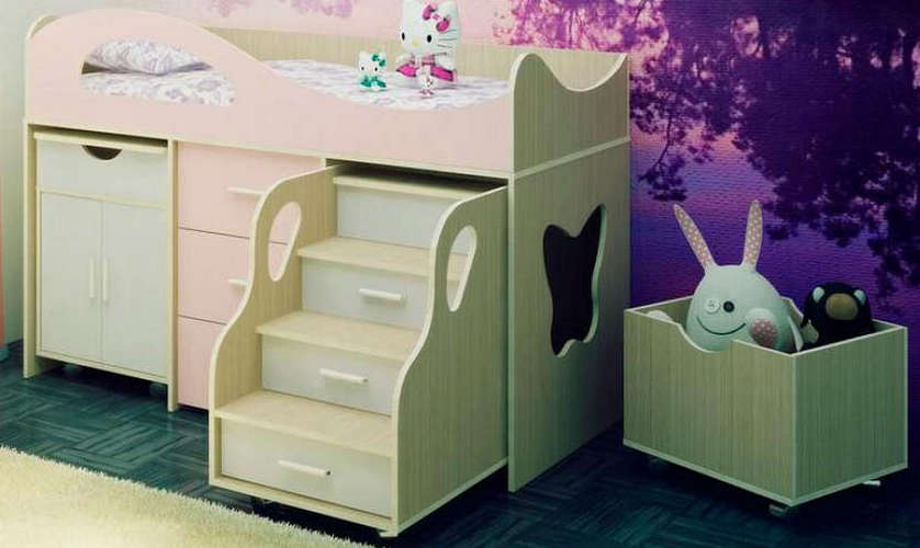Кровать-чердак Бамбини-9 suite (bambini-9 suite), Зебрано песочный / розовый / фиолетовый